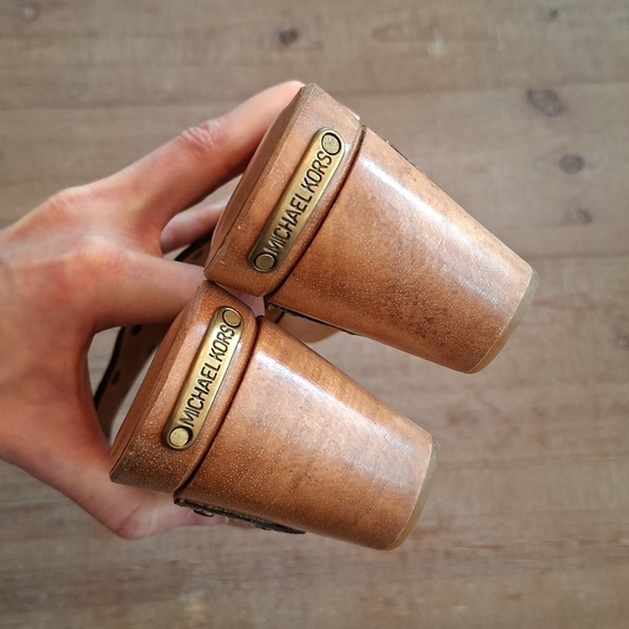 Michael Kors Brown Leather Studded Y2K/70s Architectural Wooden Platforms (US 7) - Picture 6 of 7